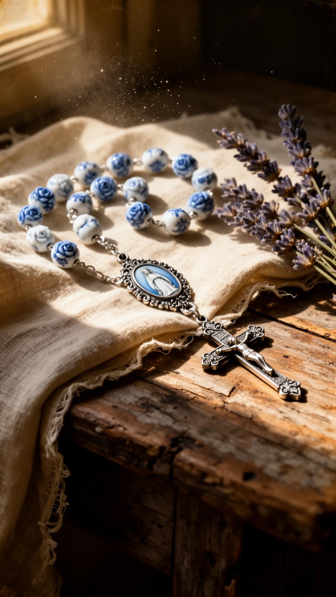 Handmade Marian rosary with blue and white floral beads on aged linen